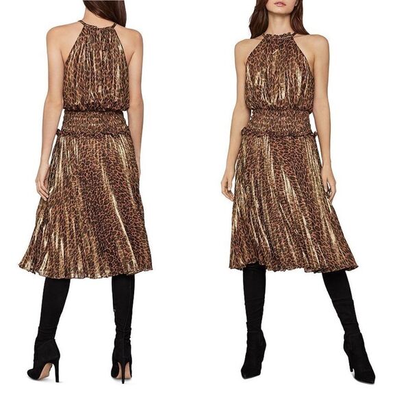 BCBGMAXAZRIA Sleeveless Leopard-Print Halter Crinkle Midi Dress Black Brown XXS - Picture 4 of 5